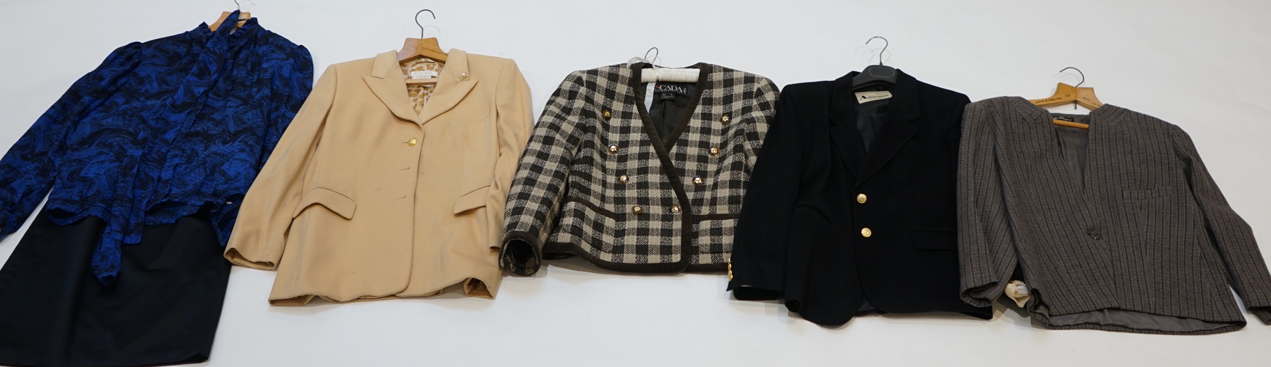 A group of assorted designer clothes, two Escarda jackets, one Aquascutum blazer, one Salvatore Ferragamo jacket (all UK size 16) and one black satin skirt by Emmanuel Ungaro size 10, and Lanvin silk blouse size IT 44